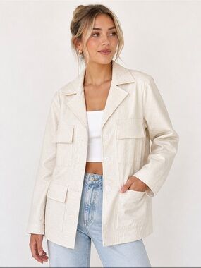 Lioness Cream Croc Embossed Utility Jacket Blazer XS NWOT Ivory Chic